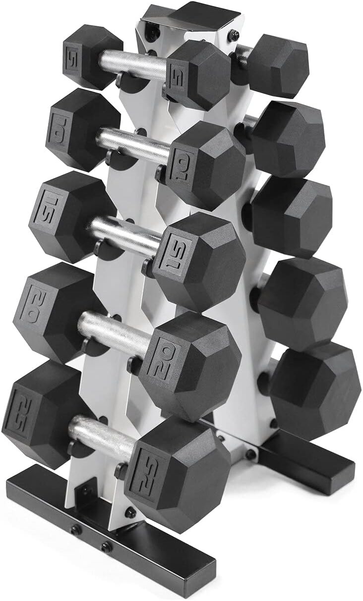 Rubber Coated Hex Dumbbell Set with Storage Rack
